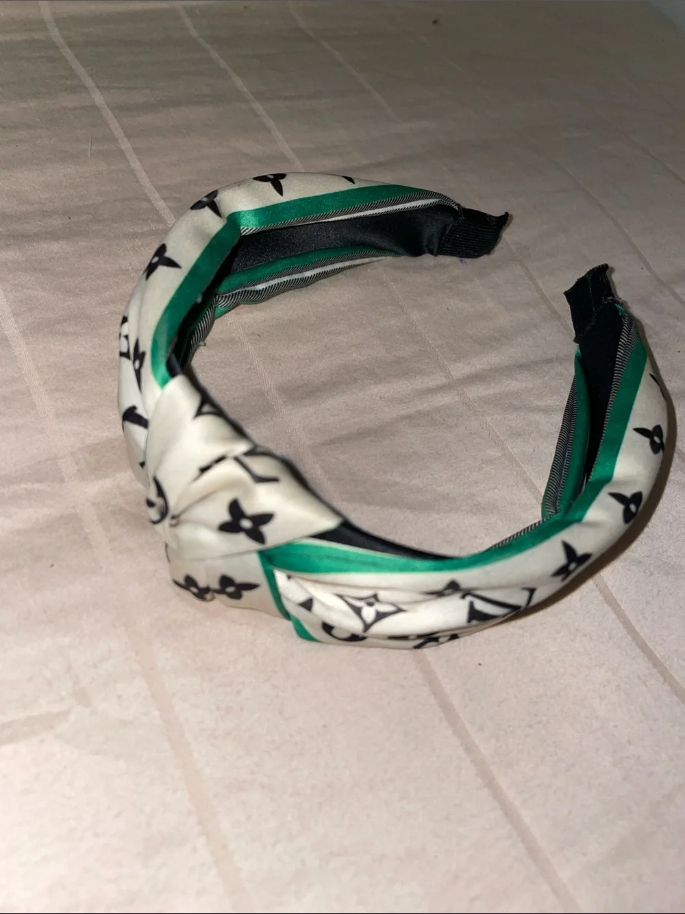 Designer-Style White and Green Patterned Knotted Headband
